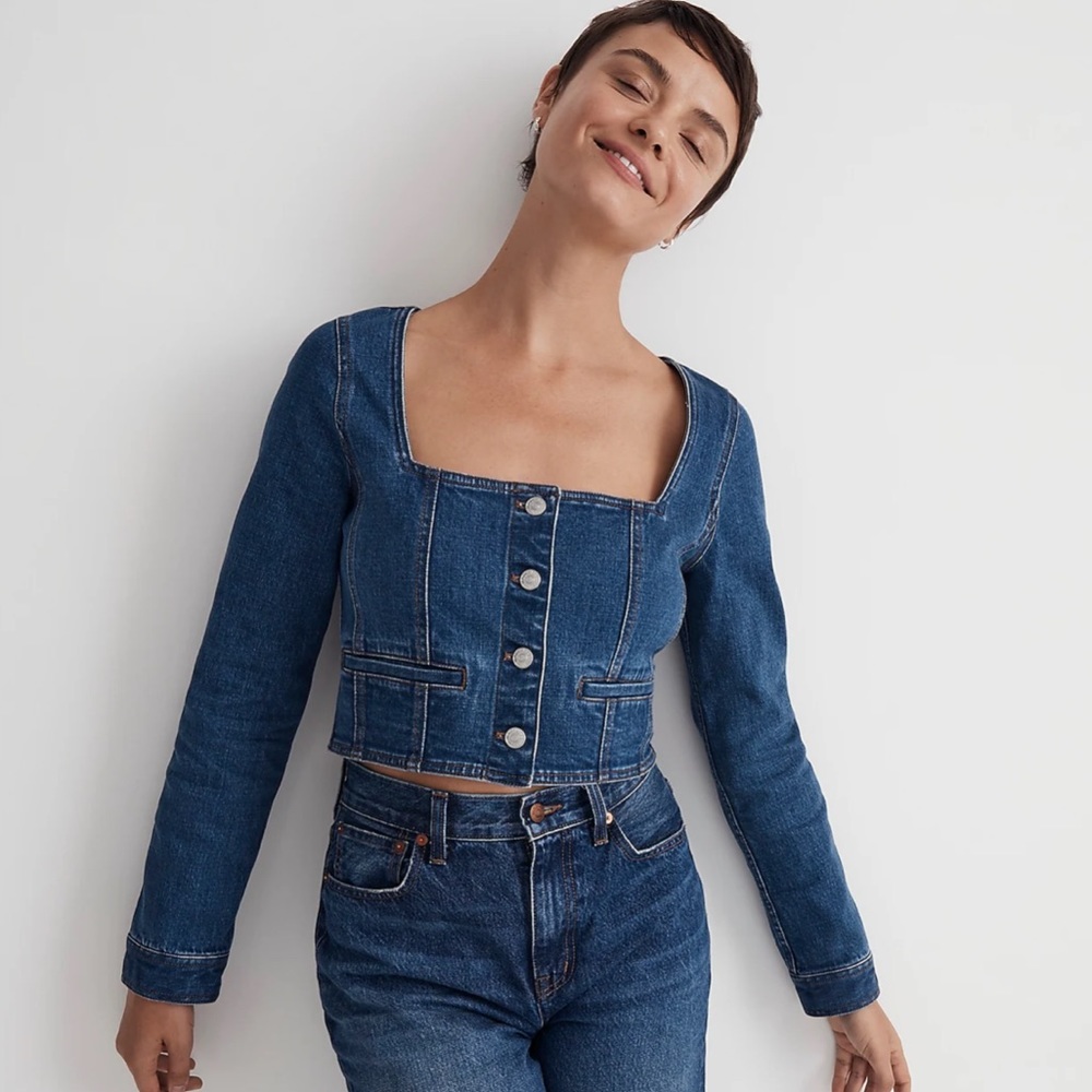 Madewell NWT Denim Square Neck Button Top Dark Wash